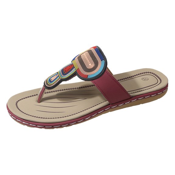 on Sandals Women Summer Fashionable Simple Round Toe Thong Flat Bottom Large Size on Beach Sandals Red 38