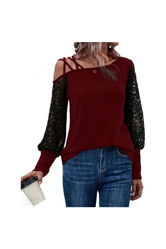 one Shoulder Sweater,Womens Soft Off-The-Shoulder Long Sleeve Top Lace Patchwork Loose Fit Breathable Casual Everyday Blouse Wine Xl
