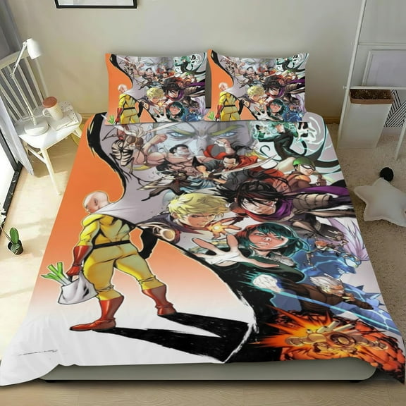one punch man Themed Bed Sheet Set Three Piece Set 53x79 In ches Comfortable And Skin Friendly Unique Design Creating A Star Studded Night Home Decor Gifts For Family Friends fans