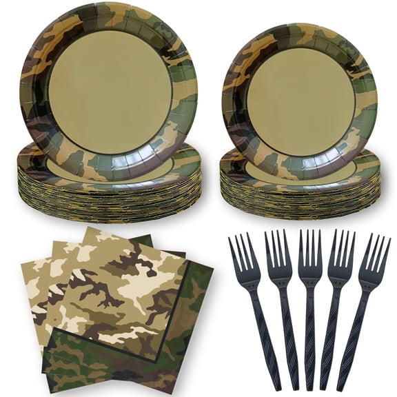 oneBest Camo Plates and Napkins (100 PCS) - Army Camouflage Paper Plates & Napkins | Soldier, Military & Army Themed Party Supplies for Birthday, Camping, Hunting Y102