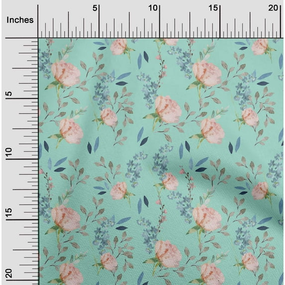 oneOone Cotton Cambric Aquamarine Fabric Flower & Leaves Watercolor Fabric For Sewing Printed Craft Fabric By The Yard 56 Inch Wide
