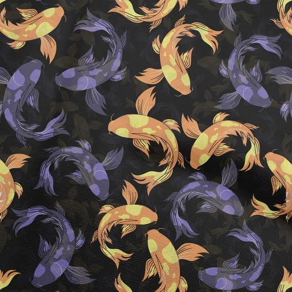 oneOone Cotton Cambric Black Fabric Asian Japanese Koifish Quilting Supplies Print Sewing Fabric By The Yard 42 Inch Wide
