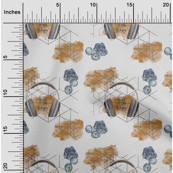oneOone Cotton Cambric Brown Fabric Direction Compass Bag & Headphone Travel Sewing Material Print Fabric By The Yard 56 Inch Wide