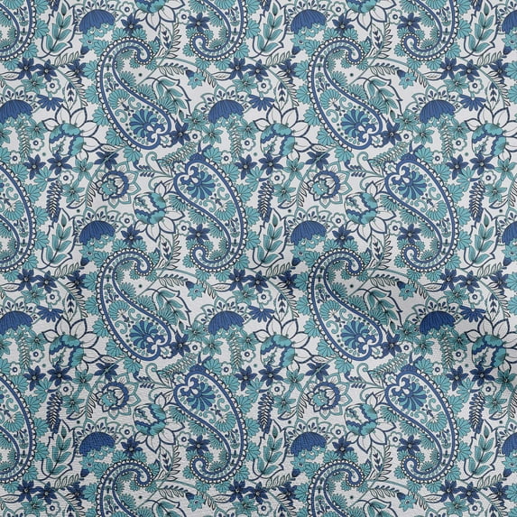 oneOone Cotton Cambric Light Blue Fabric Paisleys Sewing Material Print Fabric By The Yard 42 Inch Wide