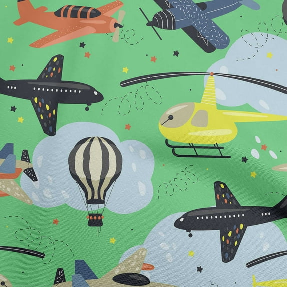 oneOone Cotton Cambric Light Green Fabric Airplane Nursery Kids Sewing Material Print Fabric By The Yard 56 Inch Wide