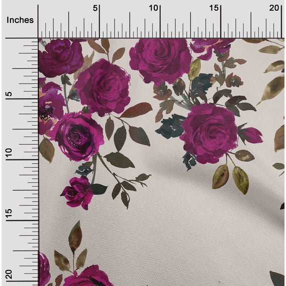 oneOone Cotton Cambric Magenta Fabric Leaves & Rose Floral Sewing Craft Projects Fabric Prints By Yard 56 Inch Wide
