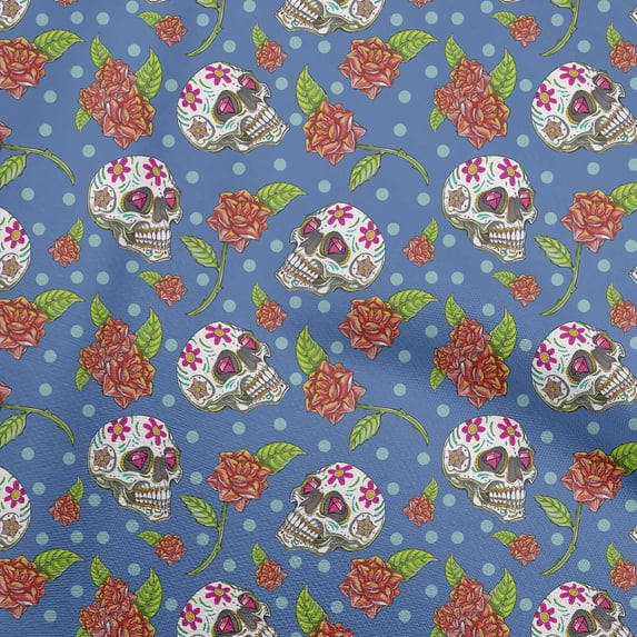 oneOone Cotton Cambric Medium Blue Fabric Skull Craft Projects Decor Fabric Printed By The Yard 56 Inch Wide-aB