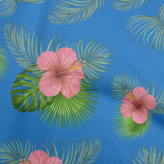 oneOone Cotton Cambric Medium Blue Fabric Tropical Hibiscus Floral Fabric For Sewing Printed Craft Fabric By The Yard 56 Inch Wide-Y0
