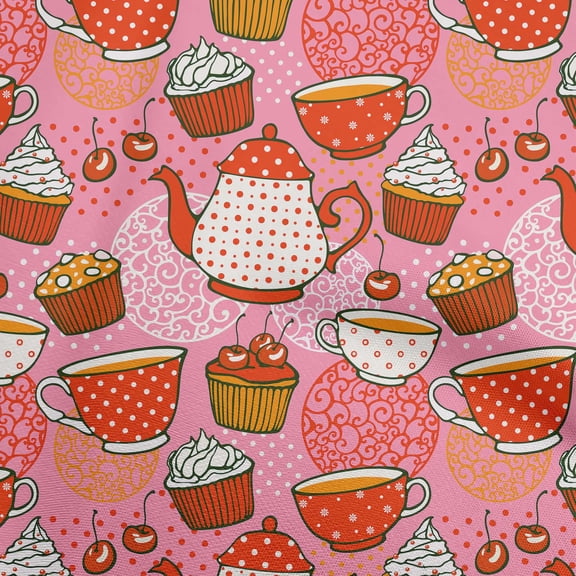 oneOone Cotton Cambric Rose Pink Fabric Tea Party Kettle Diy Clothing Quilting Fabric Print Fabric By Yard 42 Inch Wide