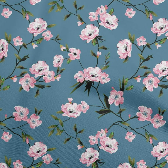 oneOone Cotton Cambric Teal Blue Fabric Floral Quilting Supplies Print Sewing Fabric By The Yard 56 Inch Wide