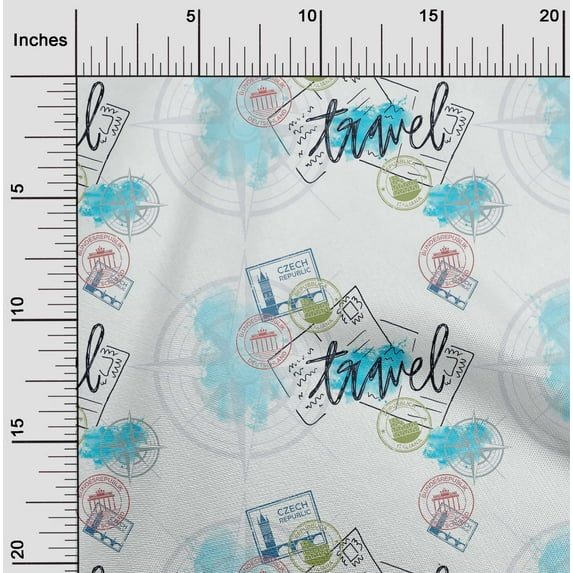 oneOone Cotton Cambric Turquoise Blue Fabric Stamps & Direction Compass Travel Sewing Material Print Fabric By The Yard 56 Inch Wide