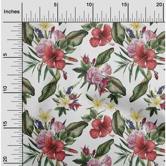 oneOone Cotton Cambric White Fabric Floral & Leaves Tropical Dress Material Fabric Print Fabric By The Yard 56 Inch Wide