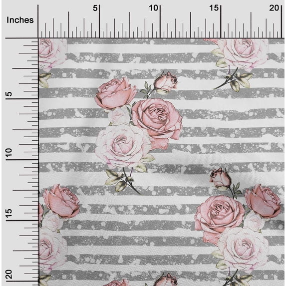 oneOone Cotton Cambric White Fabric Stripe & Rose Floral Dress Material Fabric Print Fabric By The Yard 56 Inch Wide