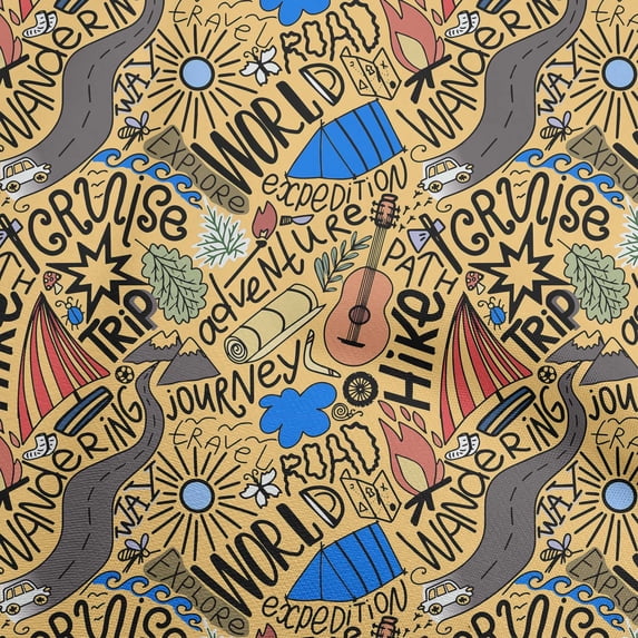 oneOone Cotton Cambric Yellow Fabric Writing World Trip Doodle Dress Material Fabric Print Fabric By The Yard 56 Inch Wide