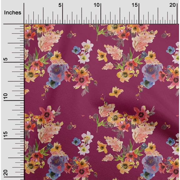 oneOone Cotton Flex Burgundy Fabric Flower Watercolor Sewing Material Print Fabric By The Yard 40 Inch Wide