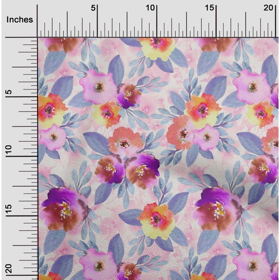 oneOone Cotton Flex Fabric Watercolor Leaves & Peony Floral Print Fabric By The Yard 40 Inch Wide