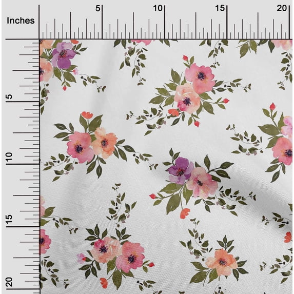 oneOone Cotton Flex Fabric Watercolor Leaves & Peony Floral_Printed Fabric 1 Yard 40 Inch Wide
