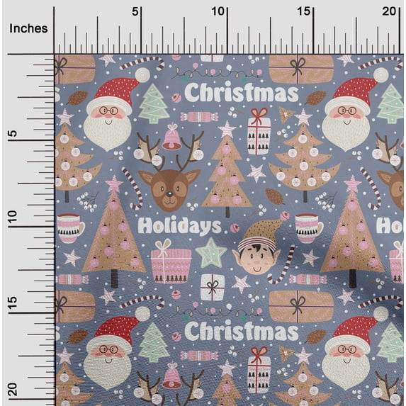 oneOone Cotton Flex Grayish Blue Fabric Santa|Gift Box & Tree Christmas Sewing Fabric By The Yard Printed Diy Clothing Sewing Supplies 40 Inch Wide