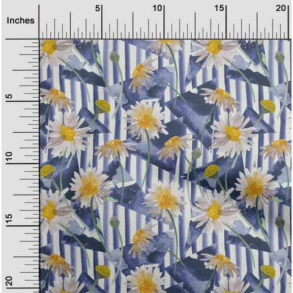 oneOone Cotton Flex Grayish Blue Fabric Stripe|Triangle & Daisy Floral Sewing Material Print Fabric By The Yard 40 Inch Wide