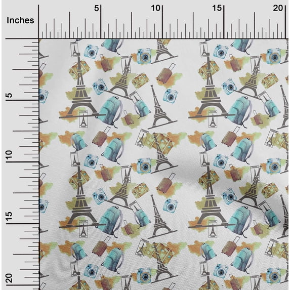 oneOone Cotton Flex Light Green Fabric Eiffel Tower|Camera & Bag Travel Diy Clothing Quilting Fabric Print Fabric By Yard 40 Inch Wide