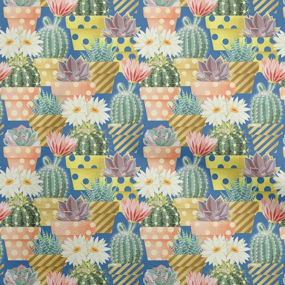 oneOone Cotton Flex Medium Blue Fabric Plants Cactus With Flowers Craft Projects Decor Fabric Printed By The Yard 40 Inch Wide