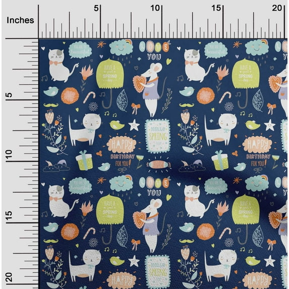 oneOone Cotton Flex Navy Blue Fabric Floral|Rat & Cat Cartoon Sewing Material Print Fabric By The Yard 40 Inch Wide