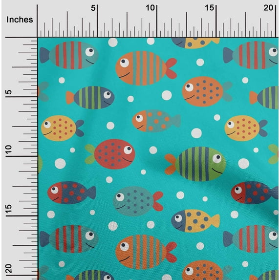 oneOone Cotton Flex Turquoise Blue Fabric Dot & Fish Artistic Sewing Material Print Fabric By The Yard 40 Inch Wide