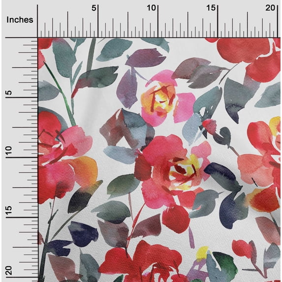 oneOone Cotton Flex White Fabric Leaves & Rose Floral Sewing Fabric By The Yard Printed Diy Clothing Sewing Supplies 40 Inch Wide