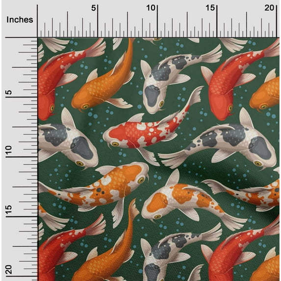 oneOone Cotton Jersey Dark Green Fabric Bubbles & Koi Fish Ocean Craft Projects Decor Fabric Printed By The Yard 58 Inch Wide