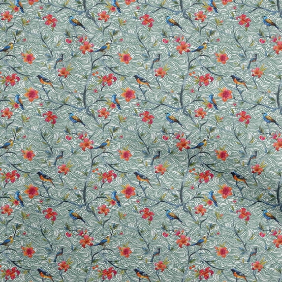 oneOone Cotton Jersey Dark Teal Green Fabric Floral Flower With Bird Quilting Supplies Print Sewing Fabric By The Yard 58 Inch Wide