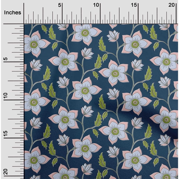 oneOone Cotton Jersey Royal Blue Fabric Leaves & Flower Floral Craft Projects Decor Fabric Printed By The Yard 58 Inch Wide