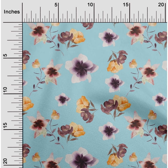 oneOone Cotton Jersey Sky Blue Fabric Flower & Leaves Watercolor Sewing Material Print Fabric By The Yard 58 Inche Wide
