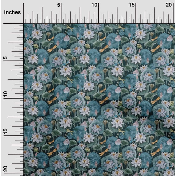 oneOone Cotton Jersey Teal Blue Fabric Insect|Leaves & Lotus Floral Sewing Material Print Fabric By The Yard 58 Inch Wide