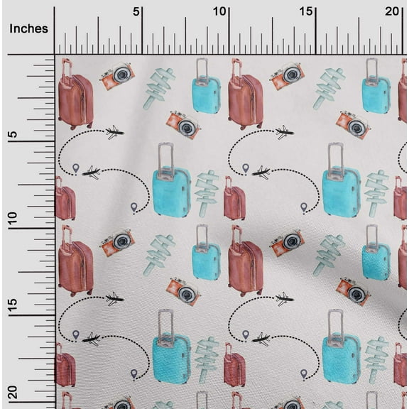 oneOone Cotton Jersey Turquoise Blue Fabric Airplane|Camera & Suitcase Travel Sewing Fabric By The Yard Printed Diy Clothing Sewing Supplies 58 Inch Wide