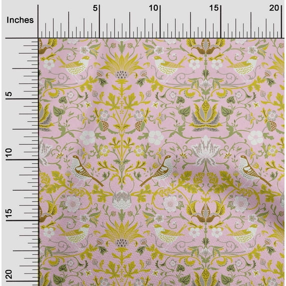 oneOone Cotton Poplin Blush Pink Fabric Leaves|Bird & Floral Artistic Sewing Material Print Fabric By The Yard 56 Inch Wide
