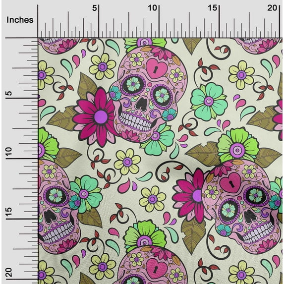 oneOone Cotton Poplin Cream Fabric Floral & Skull Sewing Material Print Fabric By The Yard 56 Inch Wide