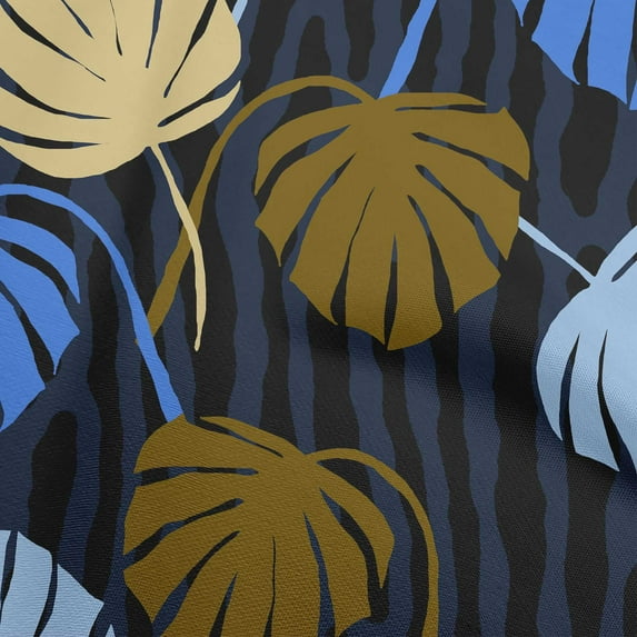 oneOone Cotton Poplin Dark Blue Fabric Tropical Palm Leaf With Broken Fat Lines Dress Material Fabric Print Fabric By The Yard 56 Inch Wide