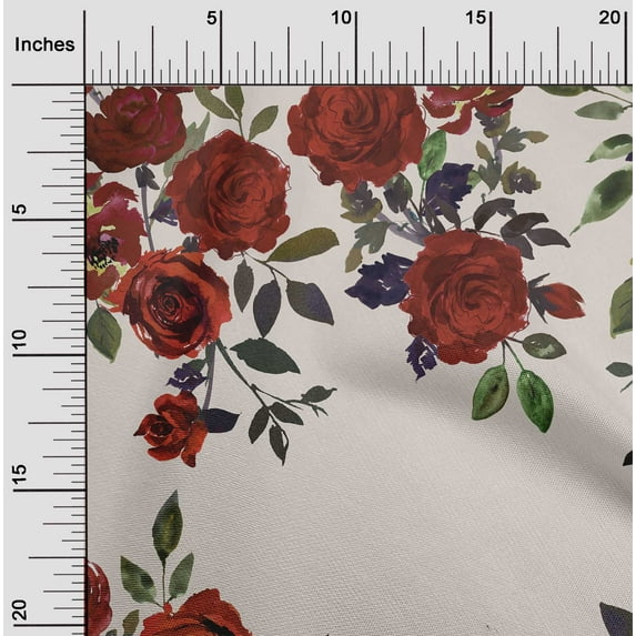 oneOone Cotton Poplin Dark Red Fabric Leaves & Rose Floral Sewing Material Print Fabric By The Yard 42 Inch Wide