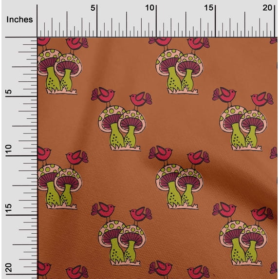 oneOone Cotton Poplin Fabric Bird & Mushroom Block Print Sewing Fabric BTY 42 Inch Wide