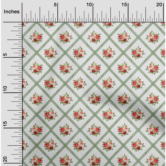 oneOone Cotton Poplin Fabric Diamond|Leaves & Rose Floral Printed Fabric 1 Yard 42 Inches Wide