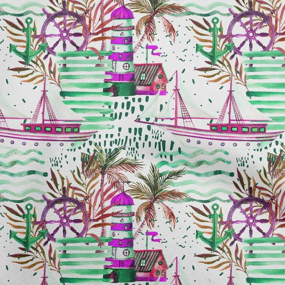 oneOone Cotton Poplin Green Fabric Ocean Lighthouse Sewing Material Print Fabric By The Yard 56 Inch Wide