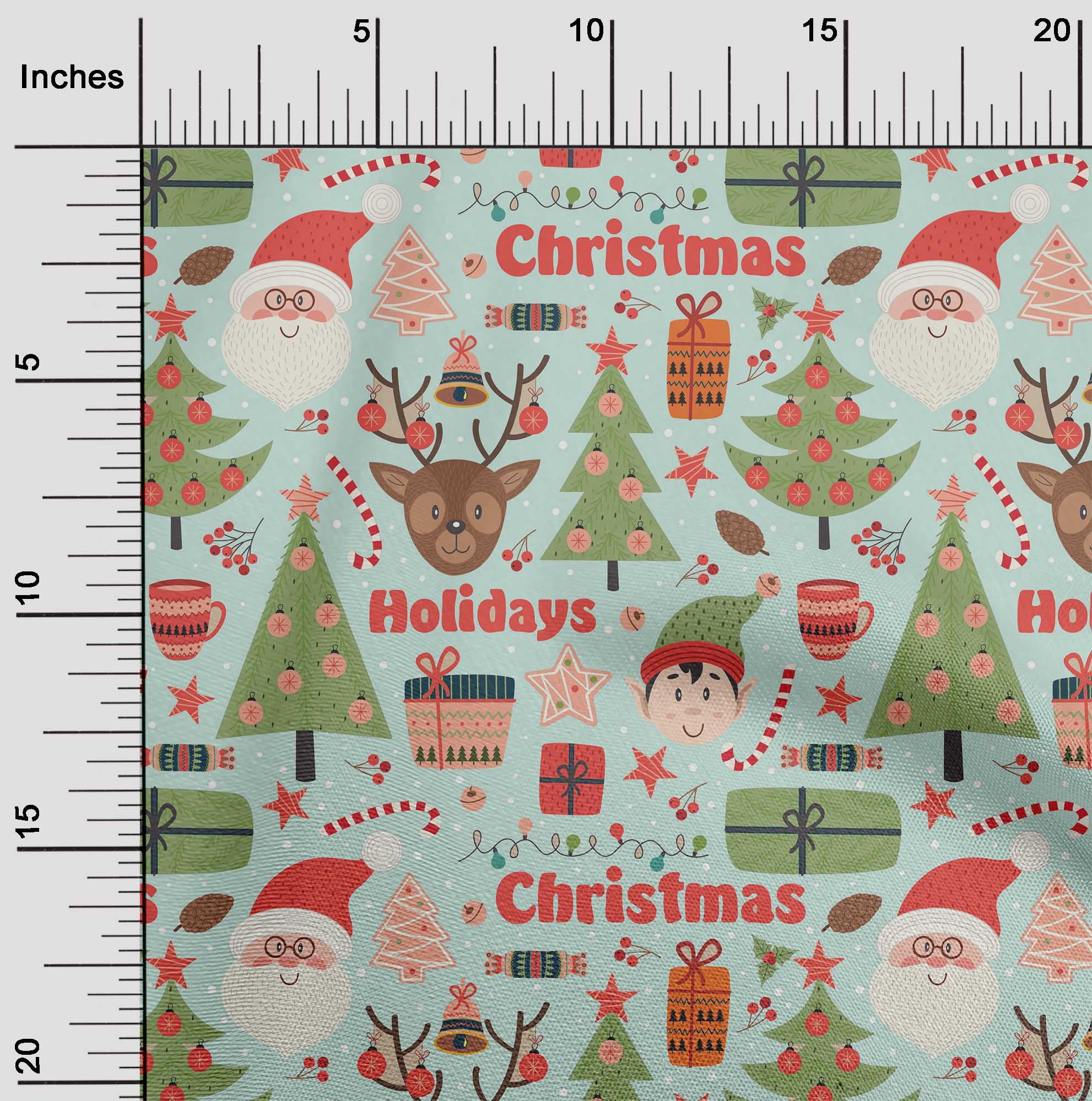 oneOone Cotton Poplin Light Mint Green Fabric Santa|Gift Box & Tree Christmas Quilting Supplies Print Sewing Fabric By The Yard 56 Inch Wide