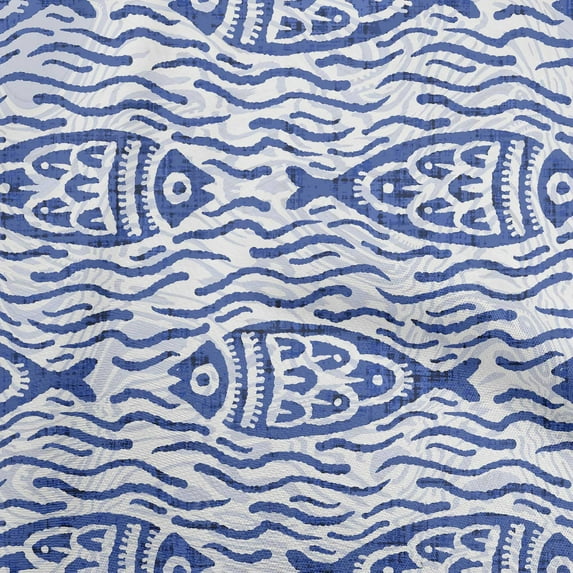 oneOone Cotton Poplin Medium Blue Fabric Asian Block Fish Sewing Material Print Fabric By The Yard 56 Inch Wide
