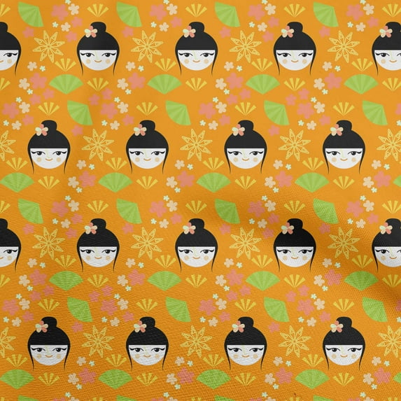 oneOone Cotton Poplin Mustard Yellow Fabric Asian Japanese Fan Sewing Fabric By The Yard Printed Diy Clothing Sewing Supplies 42 Inch Wide