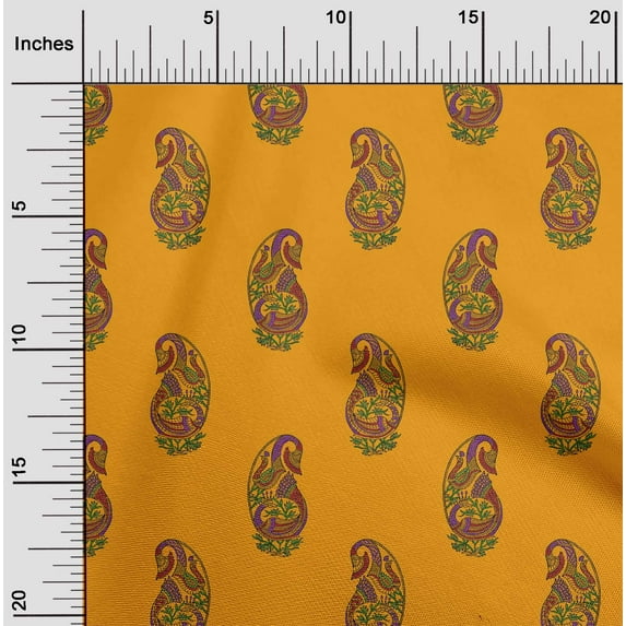 oneOone Cotton Poplin Mustard Yellow Fabric Peacock Block Fabric For Sewing Printed Craft Fabric By The Yard 42 Inch Wide