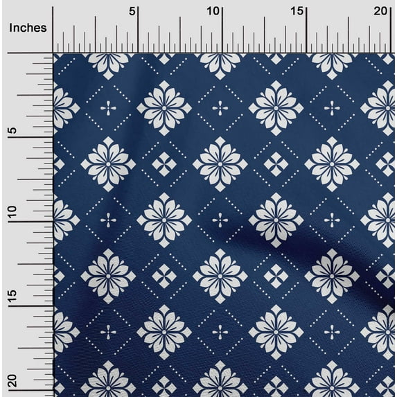 oneOone Cotton Poplin Navy Blue Fabric Floral & Tiles Moroccan Sewing Material Print Fabric By The Yard 42 Inch Wide