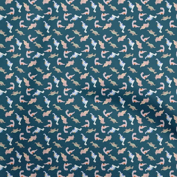 oneOone Cotton Poplin Teal Blue Fabric Colorful Dinosaur Cartoon Diy Clothing Quilting Fabric Print Fabric By Yard 56 Inch Wide