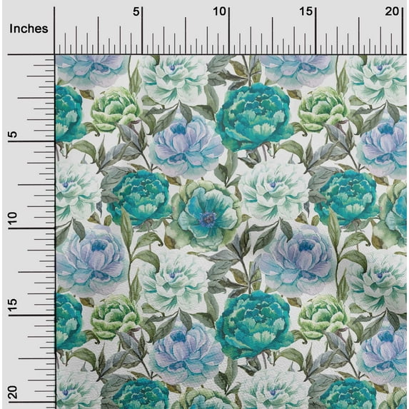 oneOone Cotton Poplin Teal Blue Fabric Flower & Leaves Watercolor Quilting Supplies Print Sewing Fabric By The Yard 42 Inch Wide