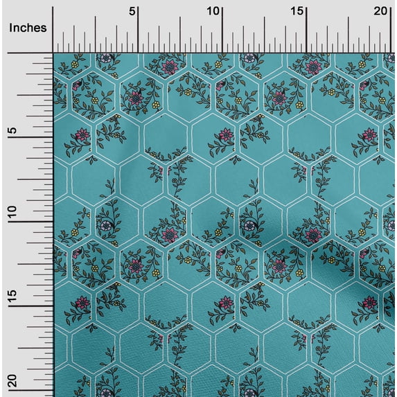 oneOone Cotton Poplin Teal Blue Fabric Geometric|Leaves & Floral Block Diy Clothing Quilting Fabric Print Fabric By Yard 56 Inch Wide