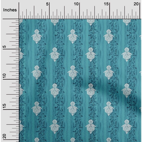 oneOone Cotton Poplin Teal Blue Fabric Stripe|Leaves & Floral Block Sewing Fabric By The Yard Printed Diy Clothing Sewing Supplies 56 Inch Wide